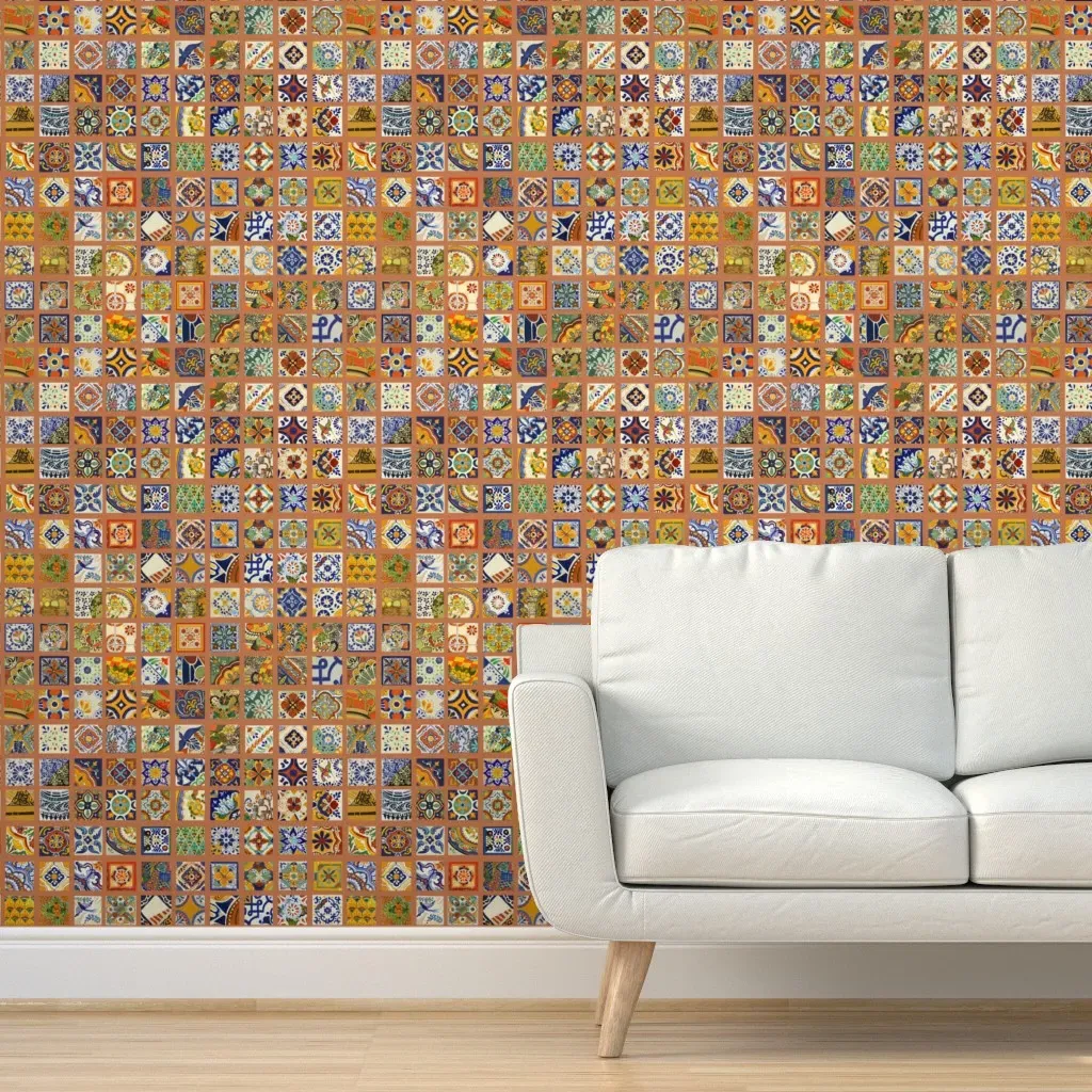 Talavera Mexican Tiles Peel and Stick Wallpaper - Orange, Blue product