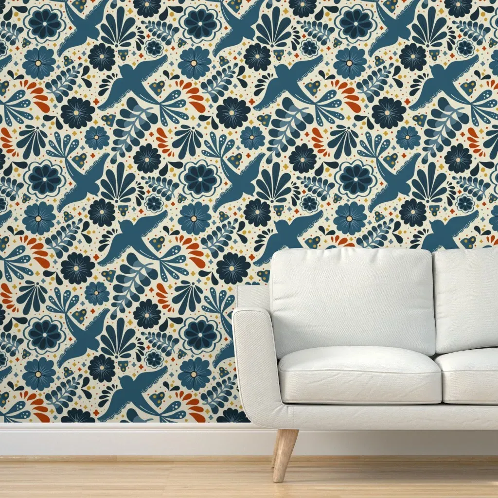 Talavera On White Peel and Stick Wallpaper - Beige, Blue, Green product