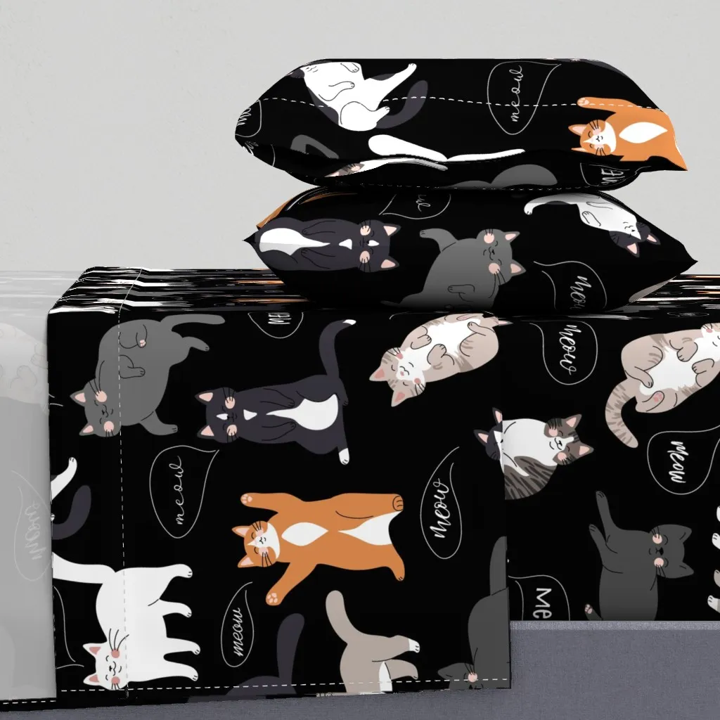 Talking Cute Cats On Black Background Queen Sheet Set - White product