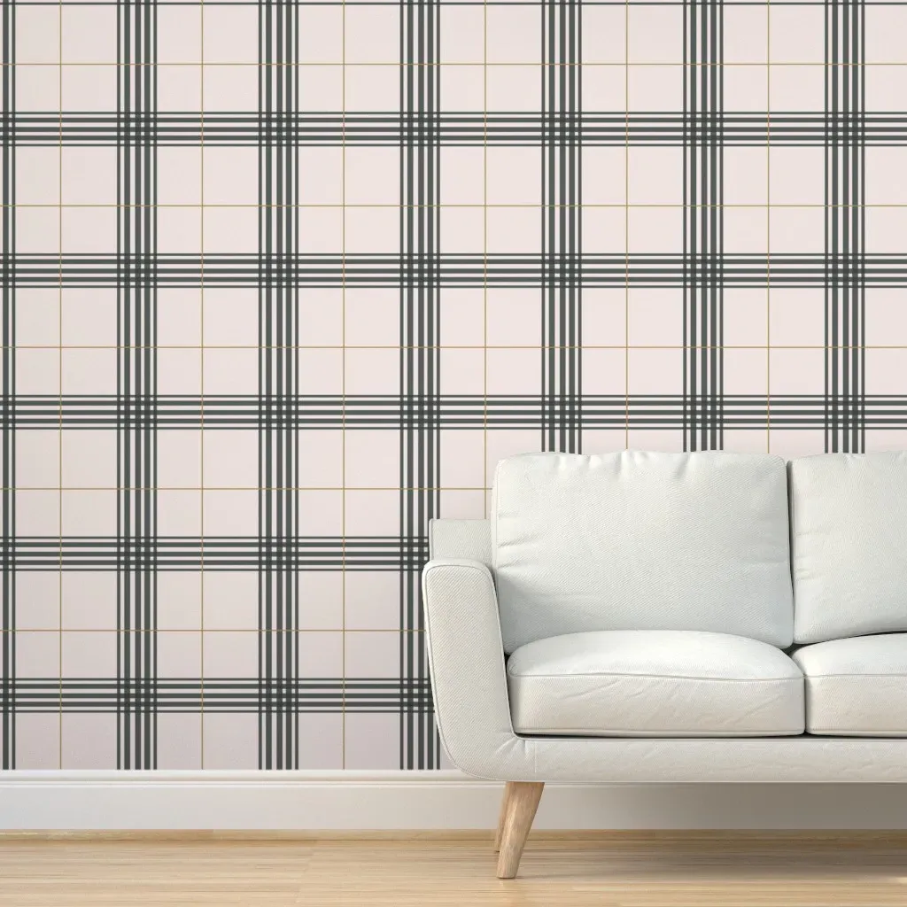Tan Plaid Peel and Stick Wallpaper - Dark Gray, Green, Gold product