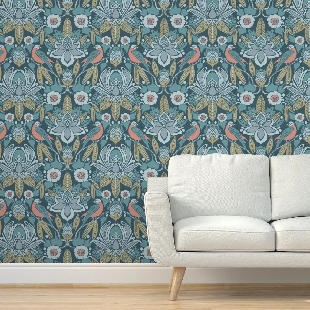 Tanager Peel and Stick Wallpaper - Blue, Coral, Olive product