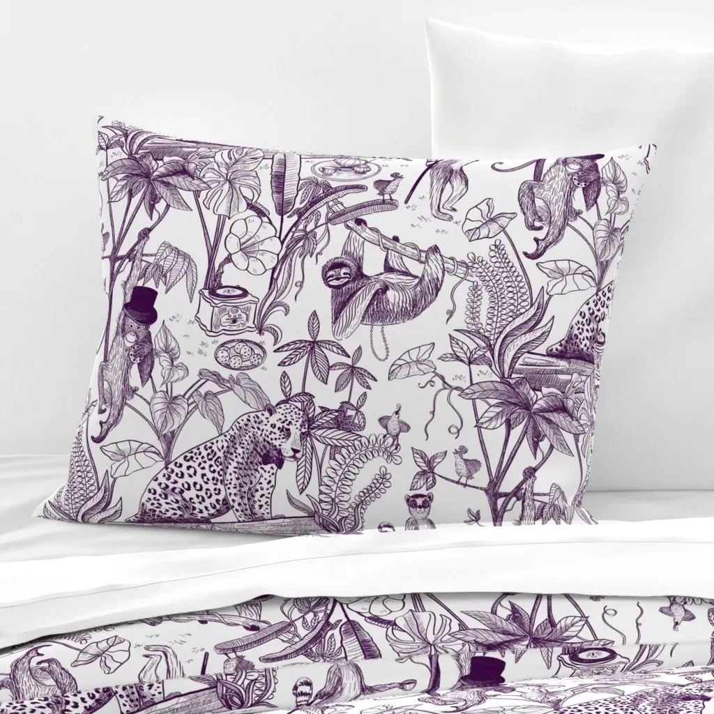 Tea Party In The Jungle Toile Standard Pillow Cover - Deep Purple, Cotton Sateen product