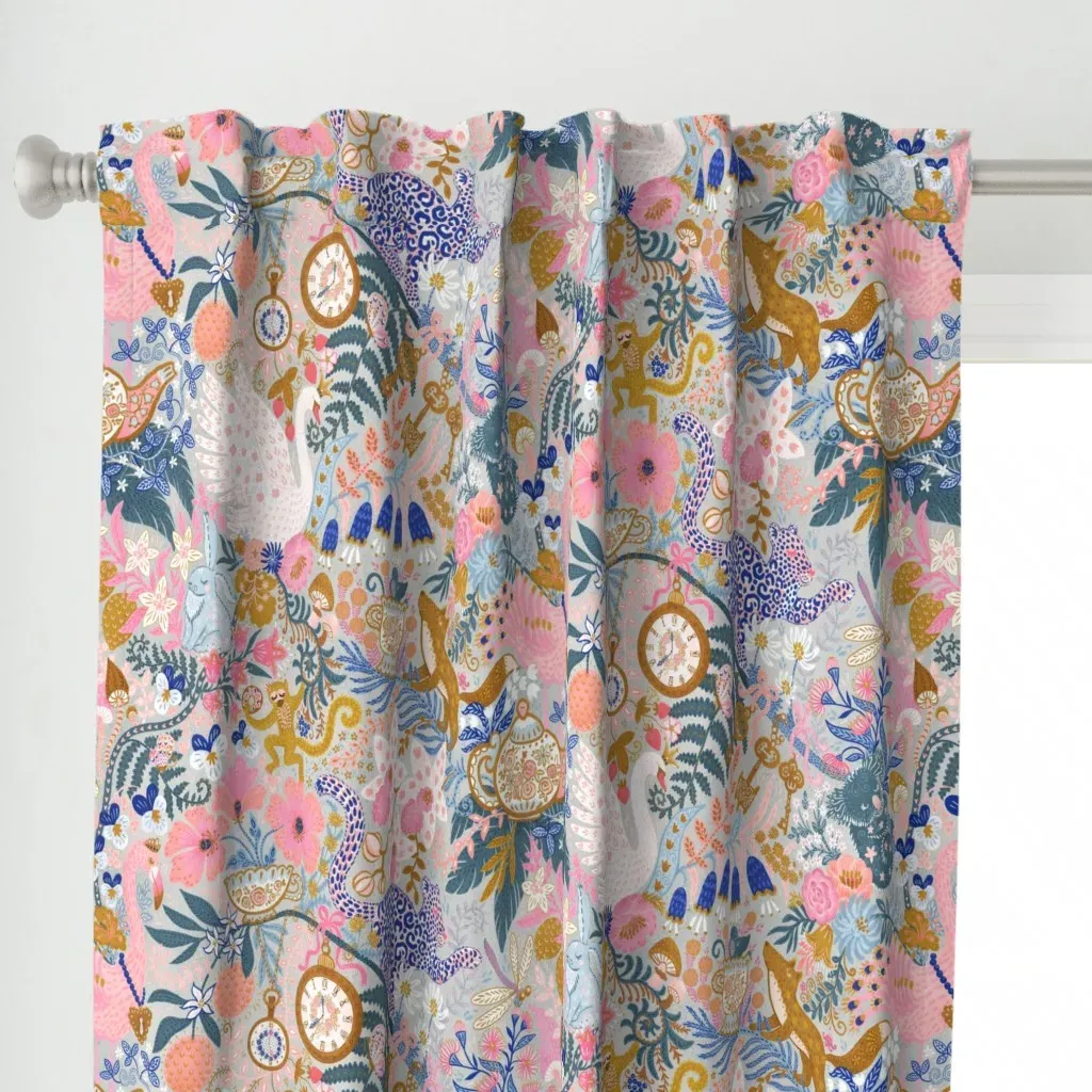 Tea Time At Wonderland Curtain Panel - Light Gray, Silver alternate view