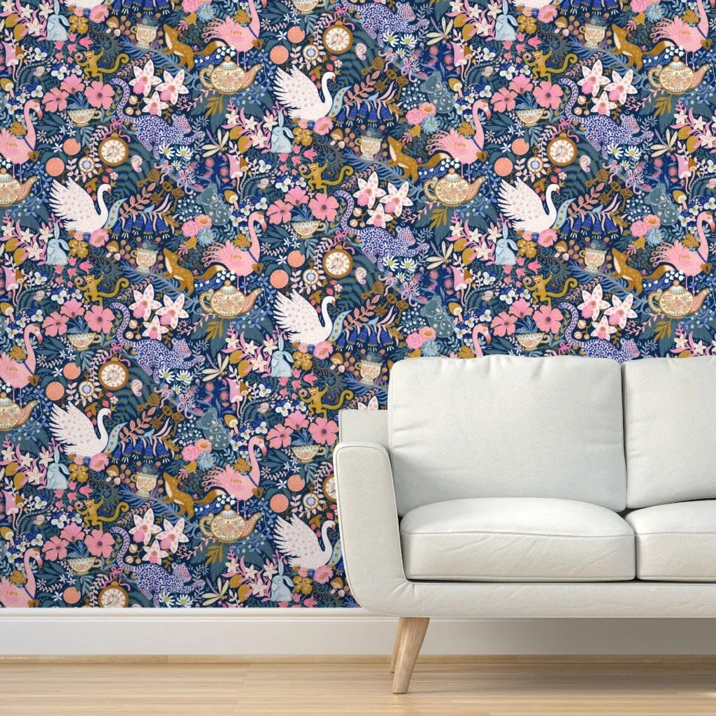 Tea Time At Wonderland Peel and Stick Wallpaper - Purple, Pink, Blue product