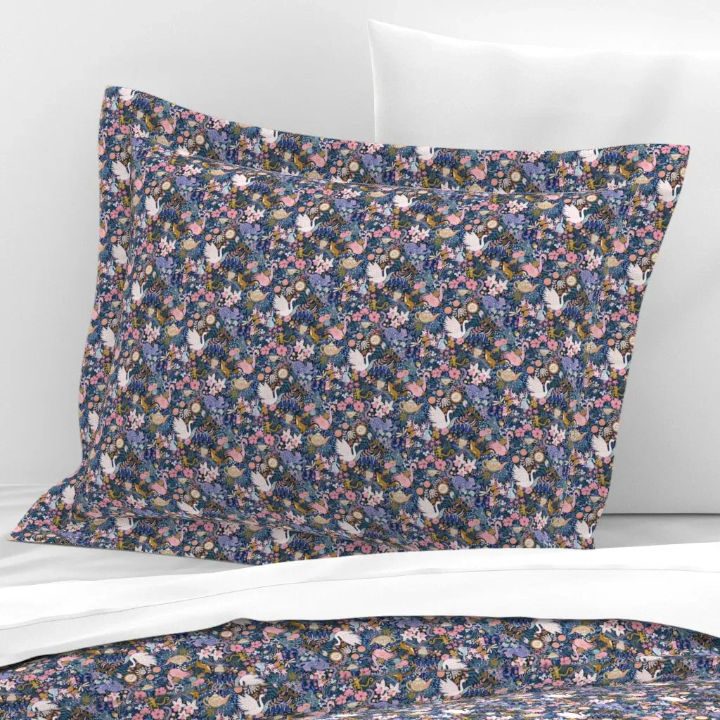 Tea Time At Wonderland Standard Flanged Cushion Cover - Navy, Cotton Sateen product