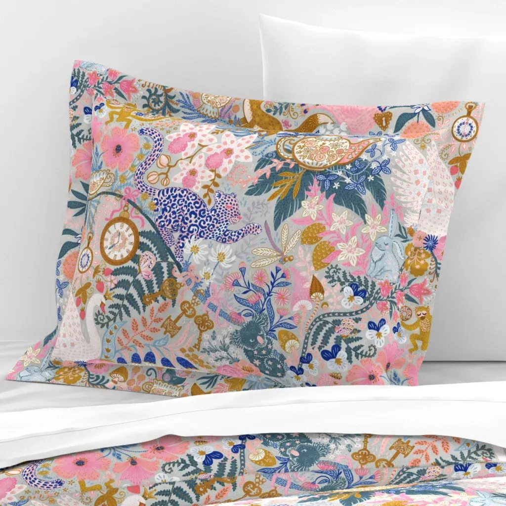 Tea Time At Wonderland Standard Flanged Cushion Cover - Silver, Cotton Sateen product