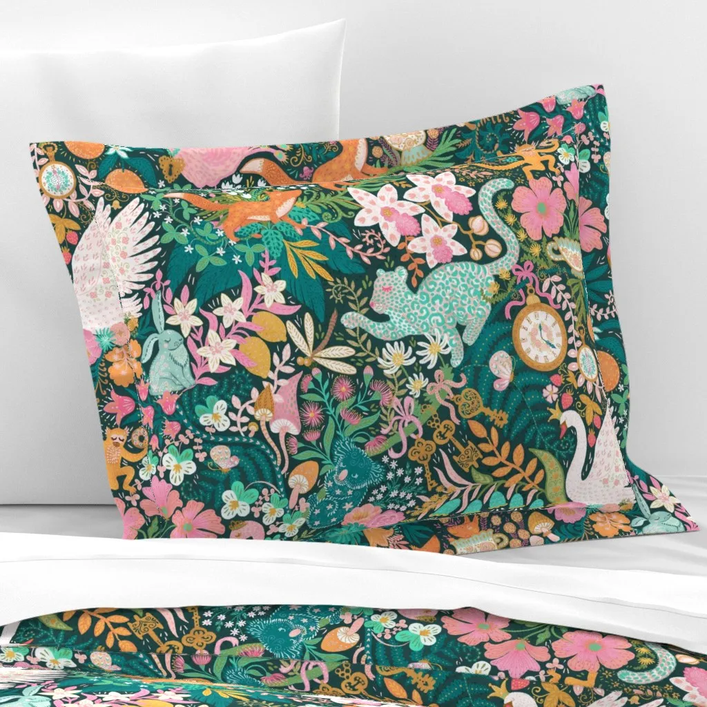 Tea Time At Wonderland XL Wide Standard Flanged Cushion - Pink, Cotton Sateen product