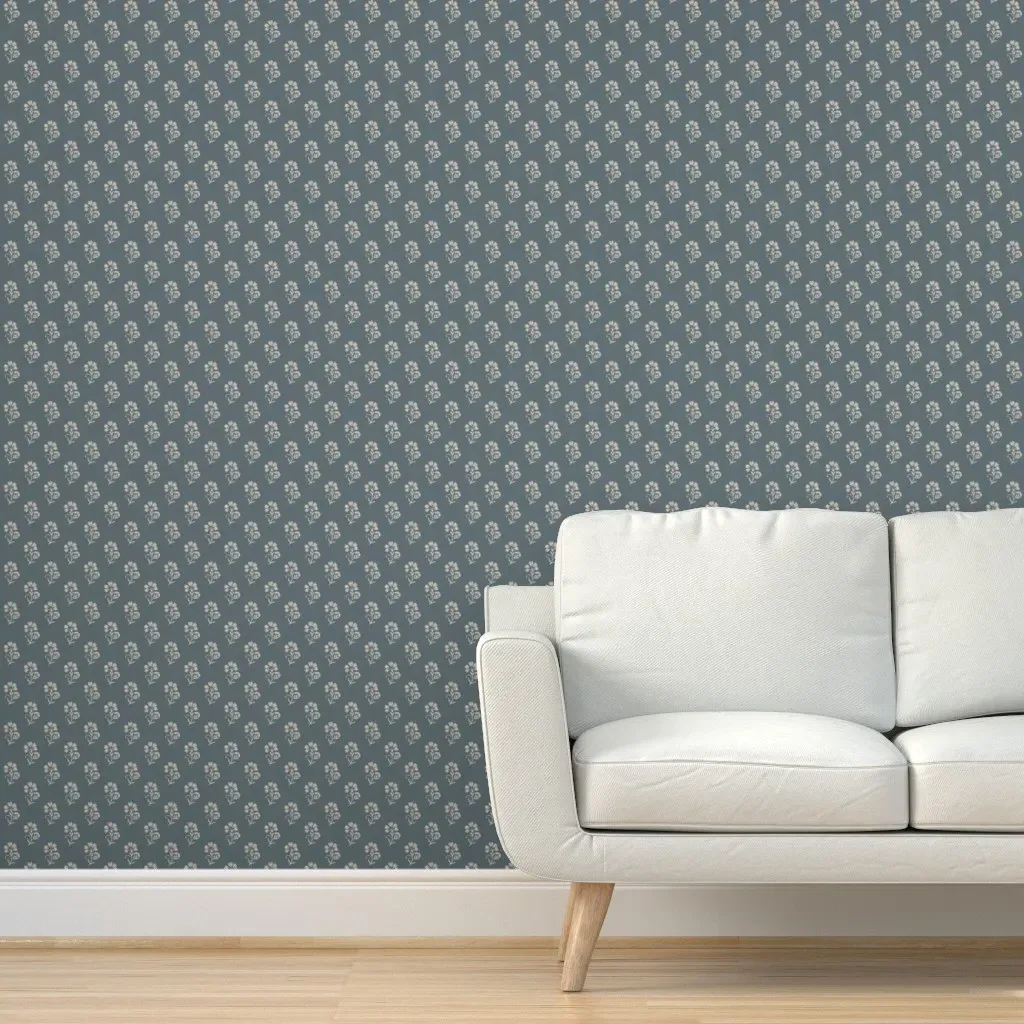 Teal Blue & Cream Block Printed Floral Peel and Stick Wallpaper - Beige product