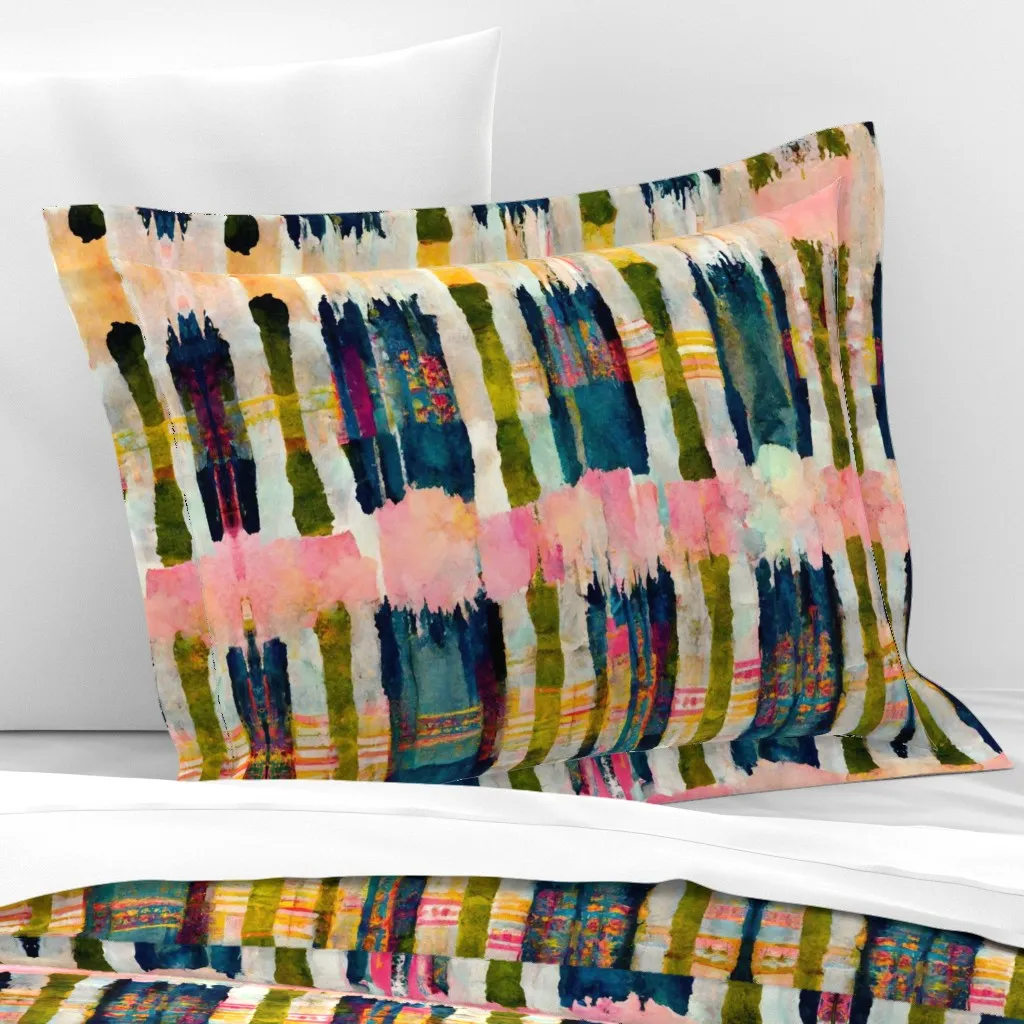 Teal & Blush Yellow Ikat Stripe Standard Flanged Pillow Sham - Teal, Cotton Sateen product