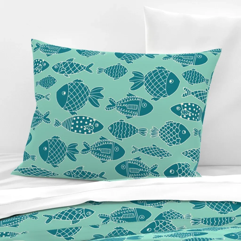 Teal Fishes on Turquoise Standard Knife Edge Cushion - Teal, Cotton Sateen product
