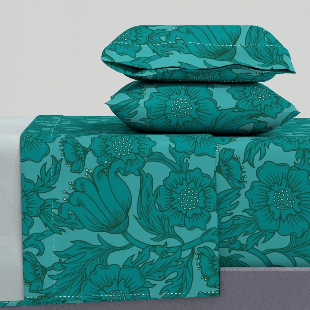 Teal Floral Flourish Queen Sheet Set product