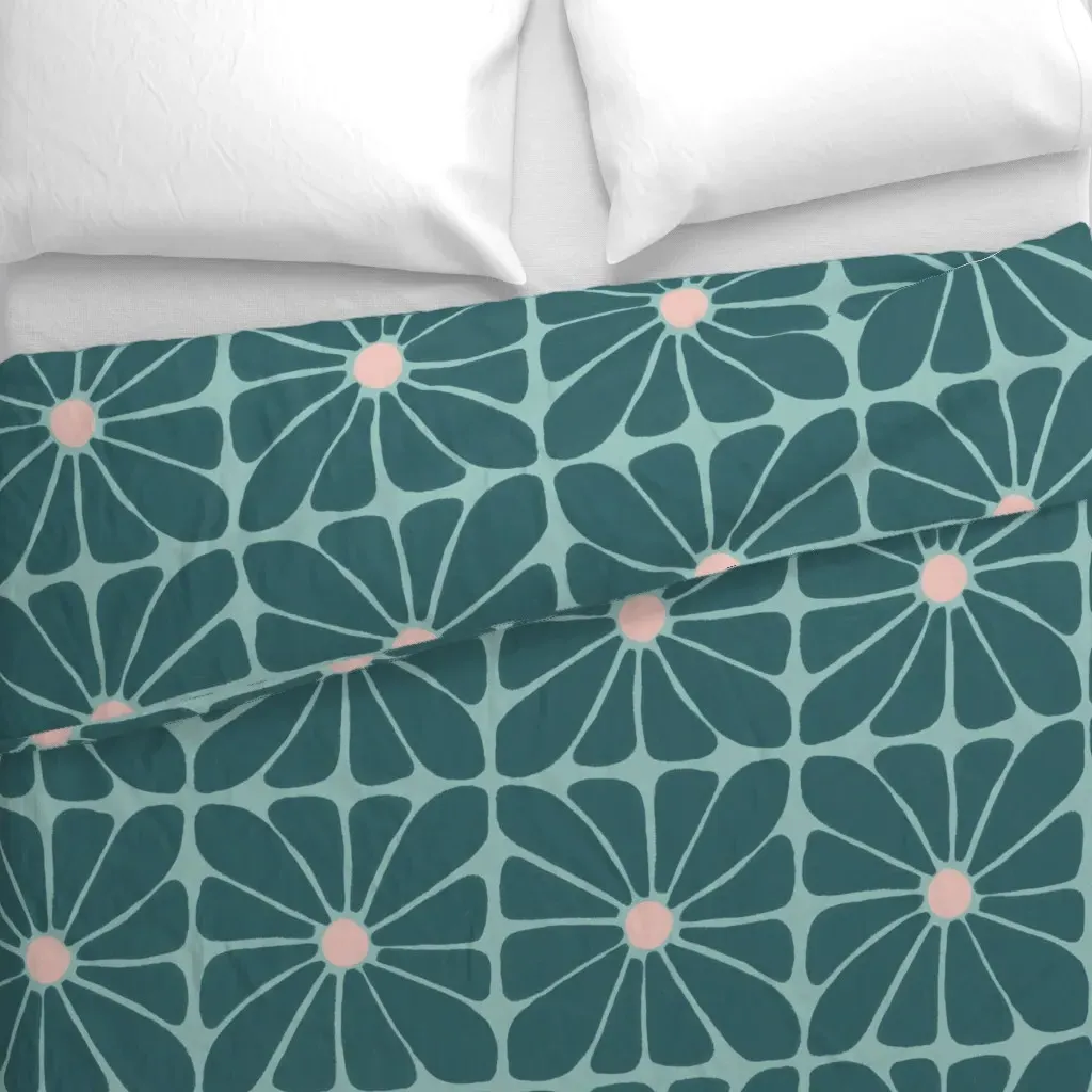Teal On Mint Retro Floral Duvet Cover - Teal by Spoonflower, alternate view