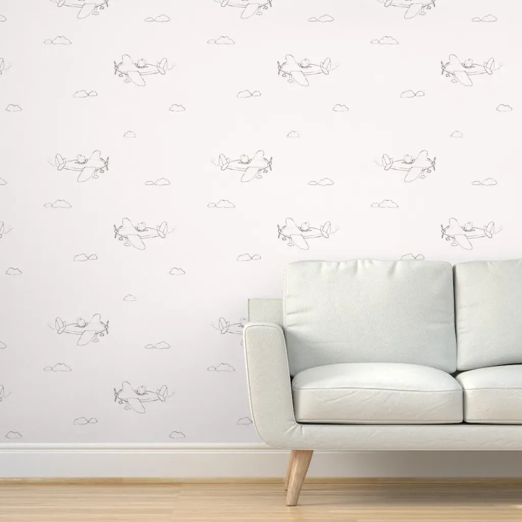 Teddy Bear Airplane Clouds Peel and Stick Wallpaper - White product