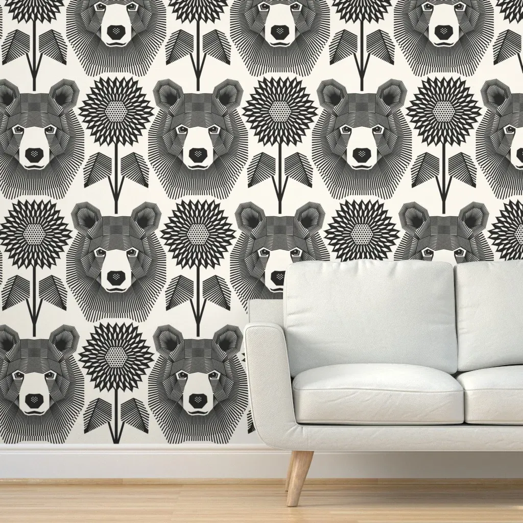 Teddy Bear Sunflower Peel and Stick Wallpaper - Black and White product