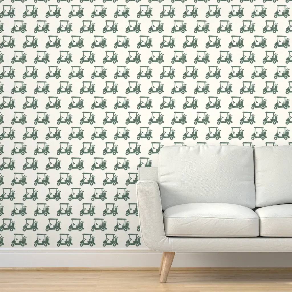 Tee Time Golf Carts Peel and Stick Wallpaper - Green, Cream product