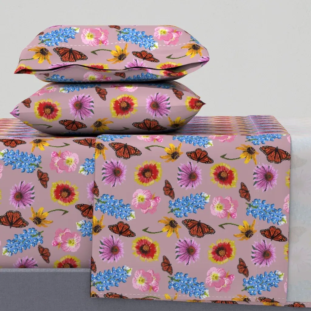 Texas Wildflower Crossstitch King Size Sheet Set - Pink product
