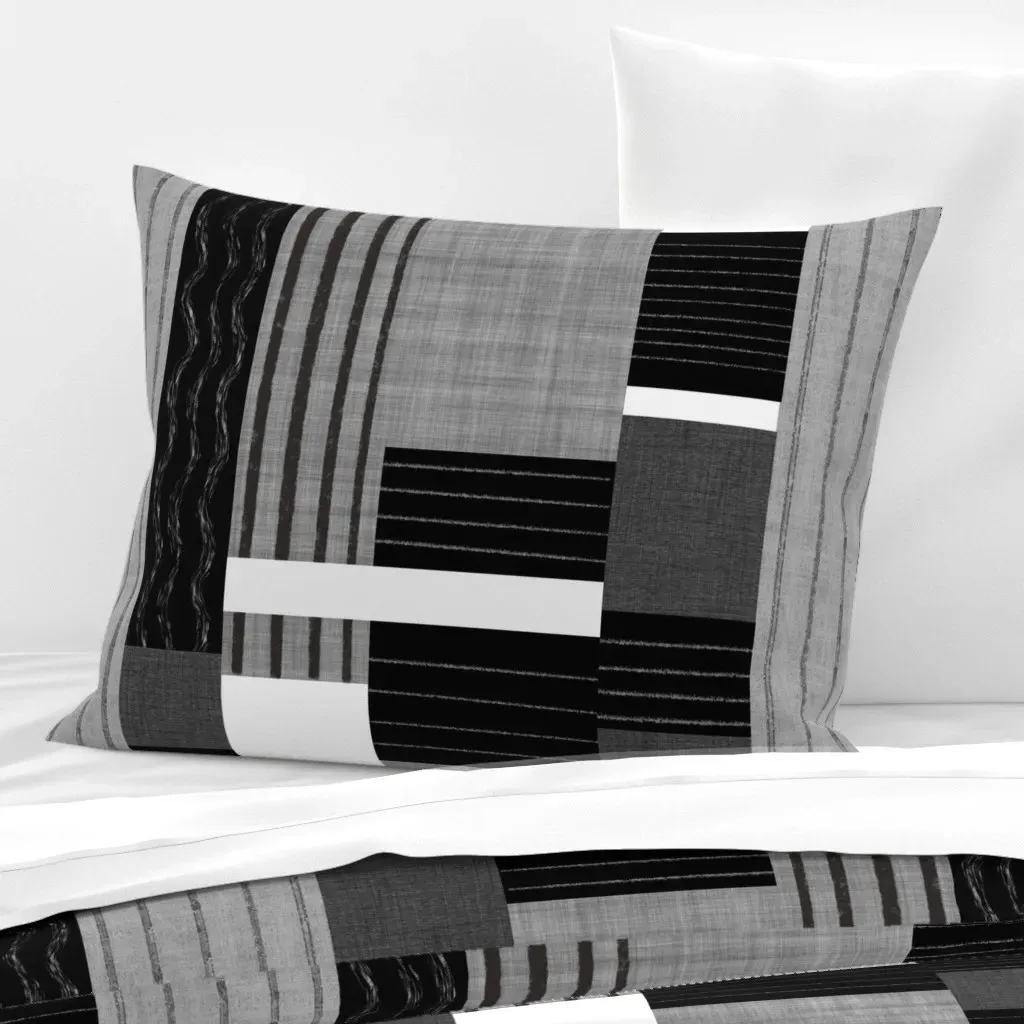 Textured Patchwork Stripes Standard Pillow Cover - Black, Cotton Sateen product