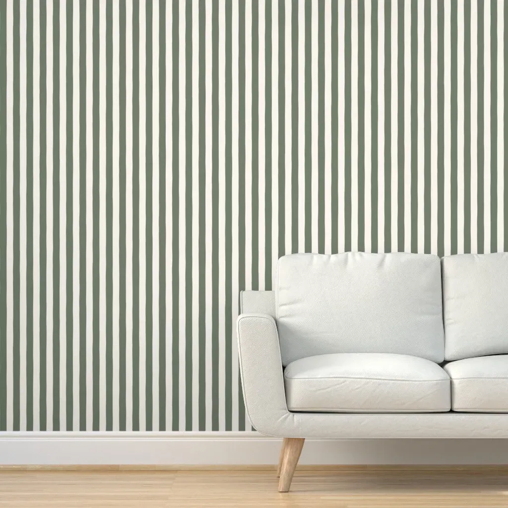 Thin Hand Drawn Stripes Peel and Stick Wallpaper - Dusty Sage product