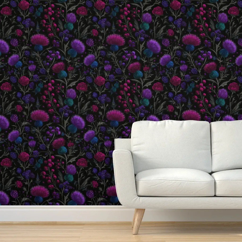 Thistle Florals & Berry Garden Peel and Stick Wallpaper - Black product
