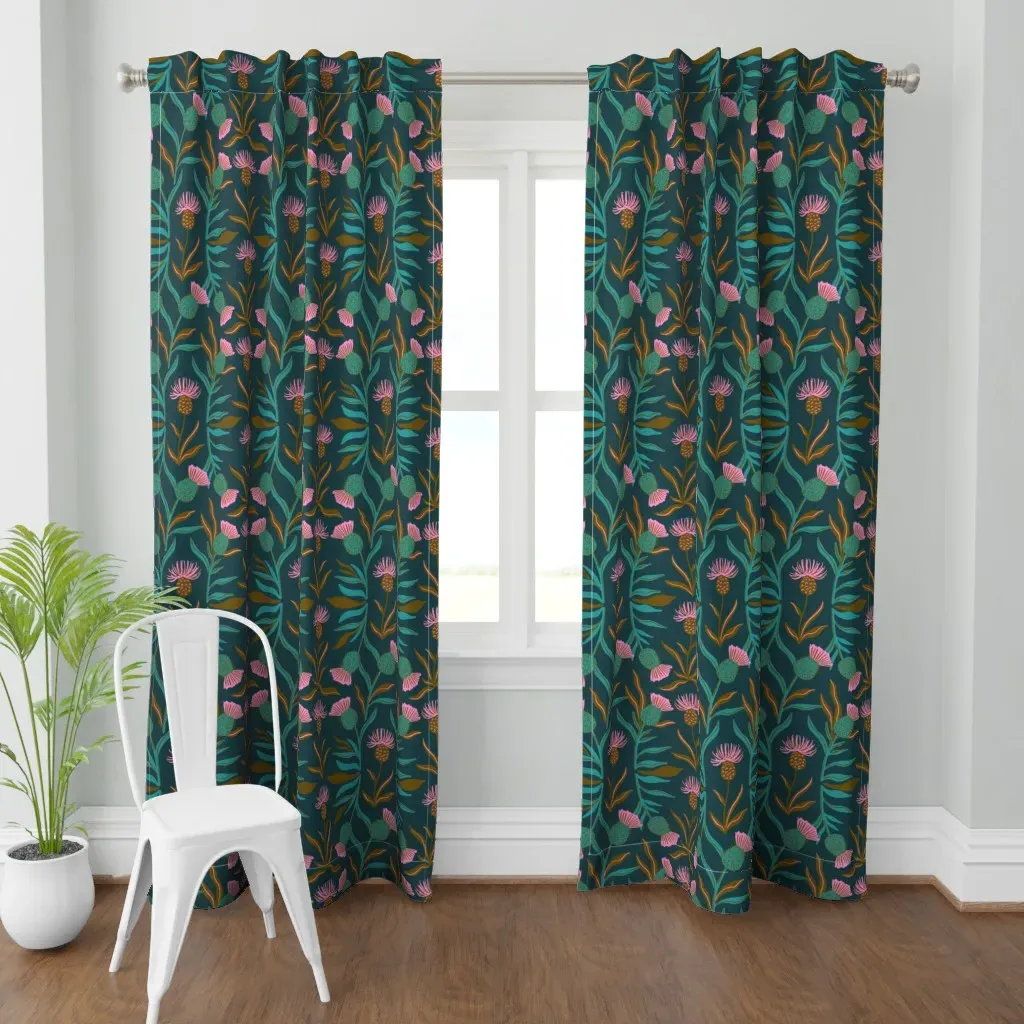 Thistle On Dark Teal Curtain Panel product