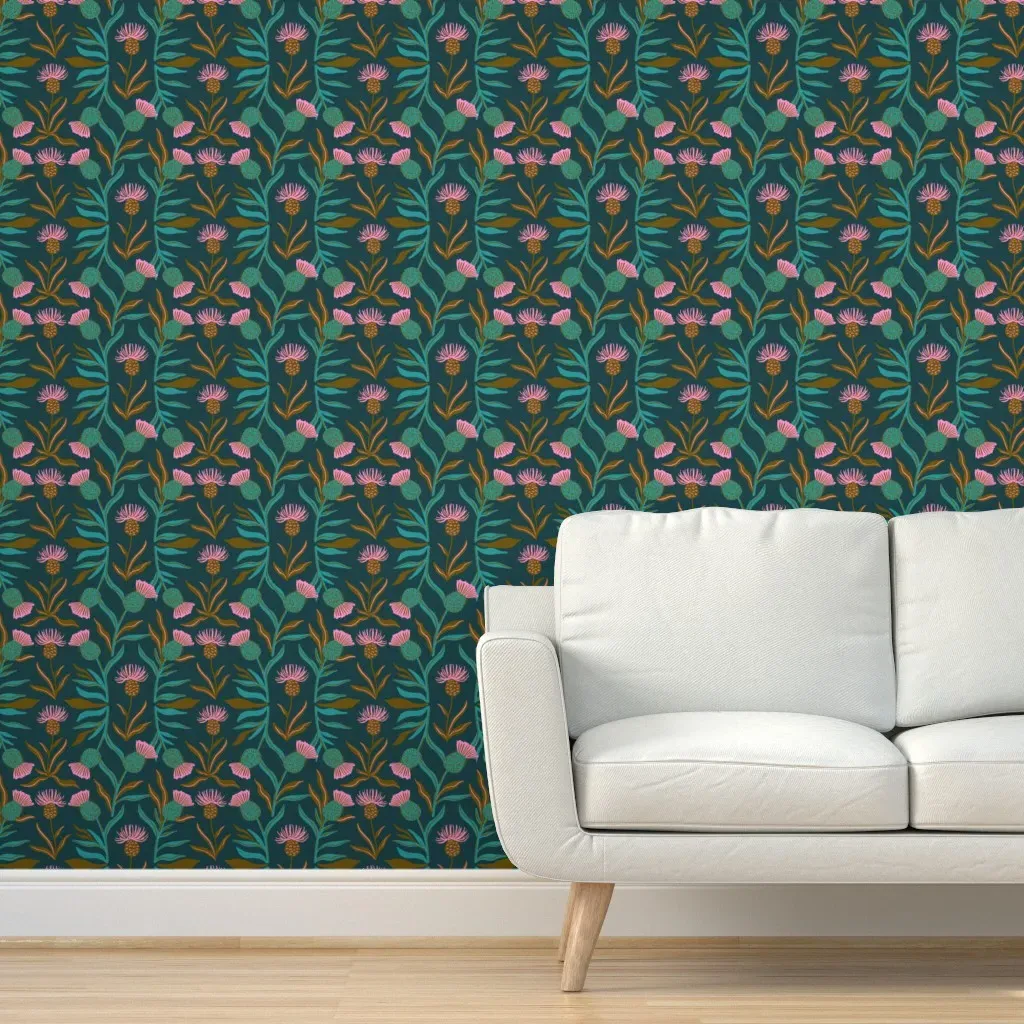 Thistle on Dark Teal Peel and Stick Wallpaper - Teal product