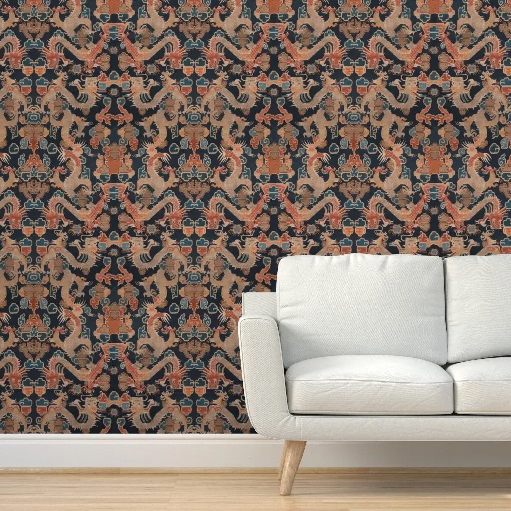 Tibetan Dragons Peel and Stick Wallpaper - Deep Blue product
