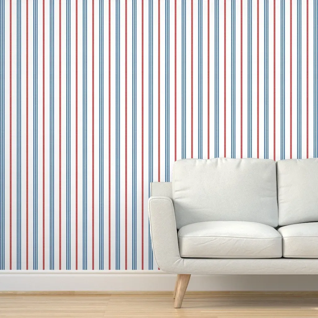 Ticking Stripes Peel and Stick Wallpaper - Dark Blue and Red on White product