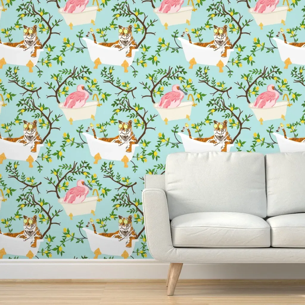 Tiger And Bird In Tub Peel and Stick Wallpaper - Pink product