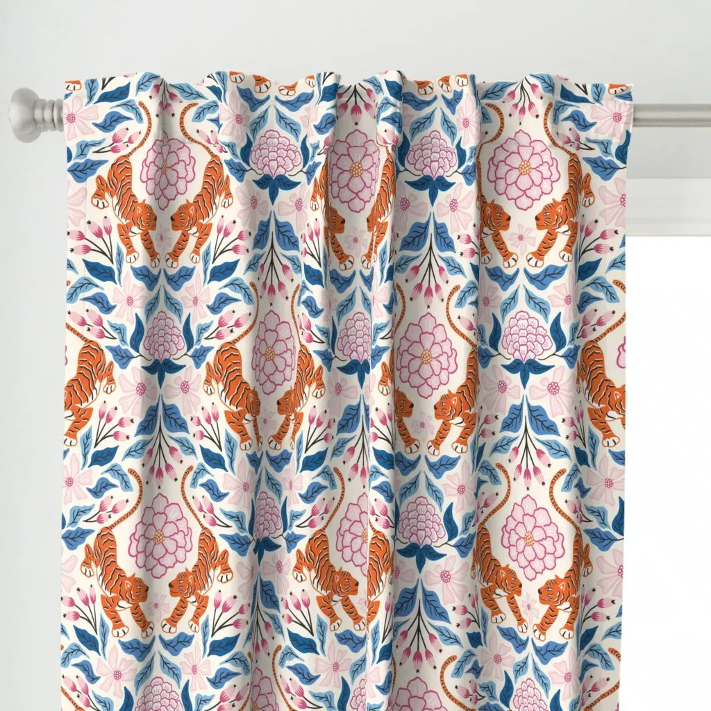 Tiger And Flowers Curtain Panel - Orange alternate view