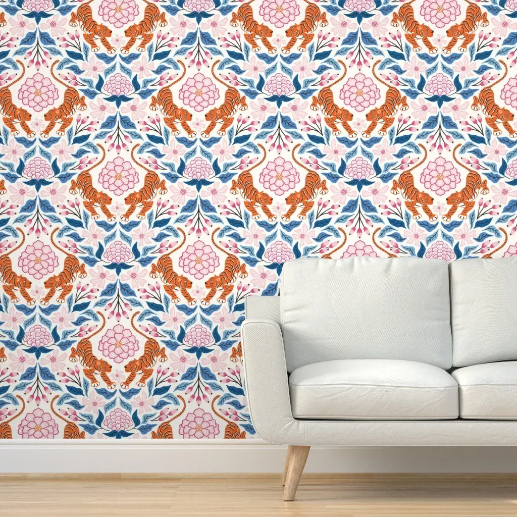 Tiger And Flowers Peel and Stick Wallpaper - Orange, White product