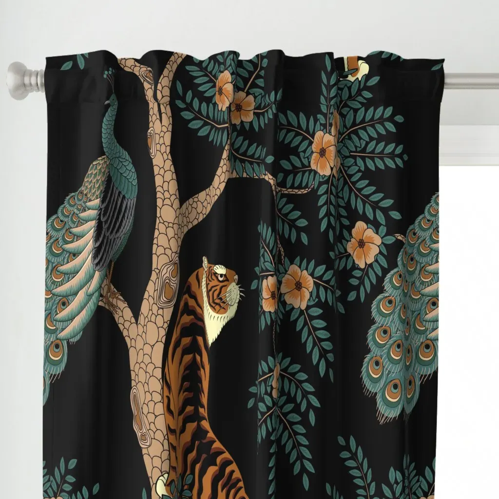 Tiger And Peacock Black Curtain Panel - Orange alternate view