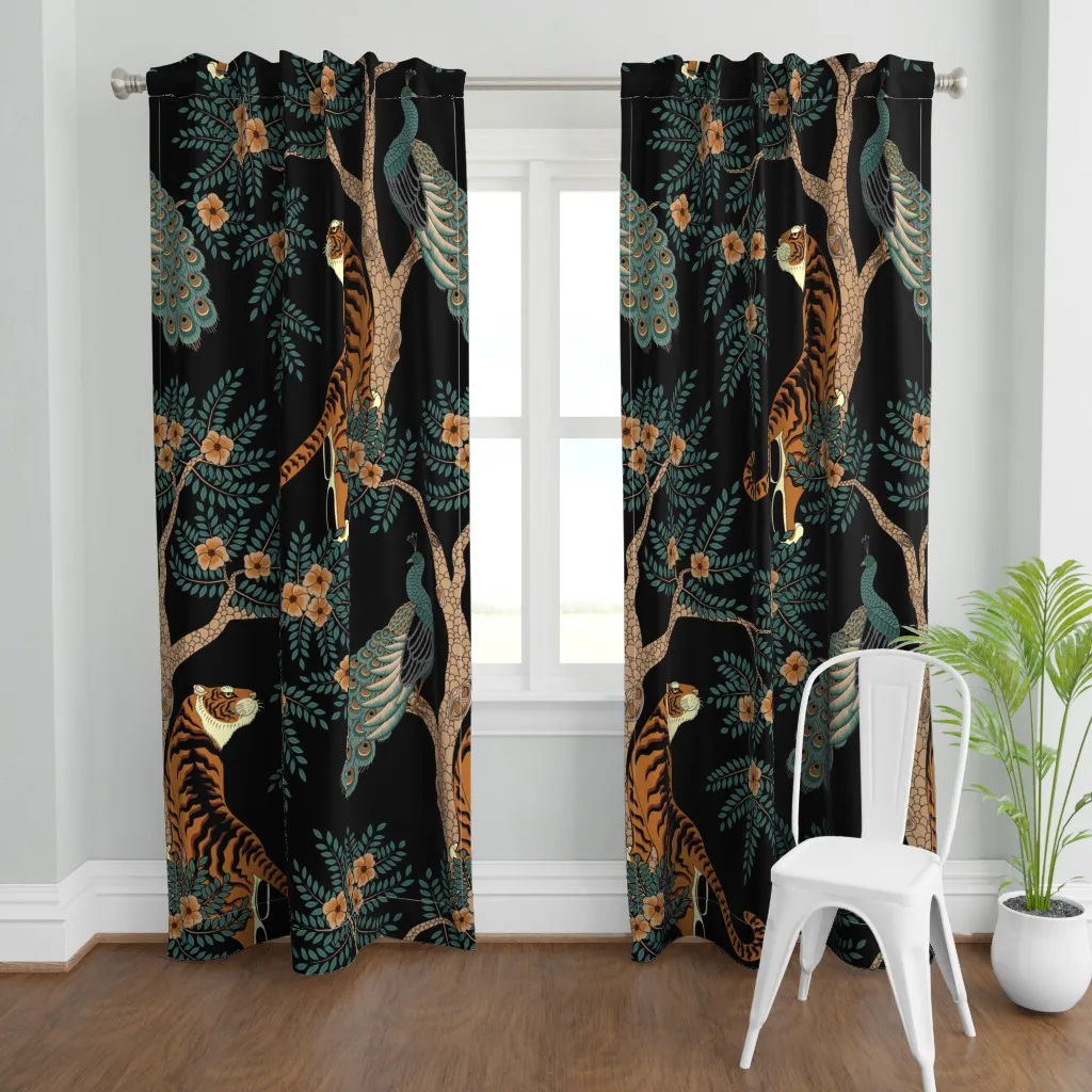 Tiger And Peacock Black Curtain Panel - Orange product