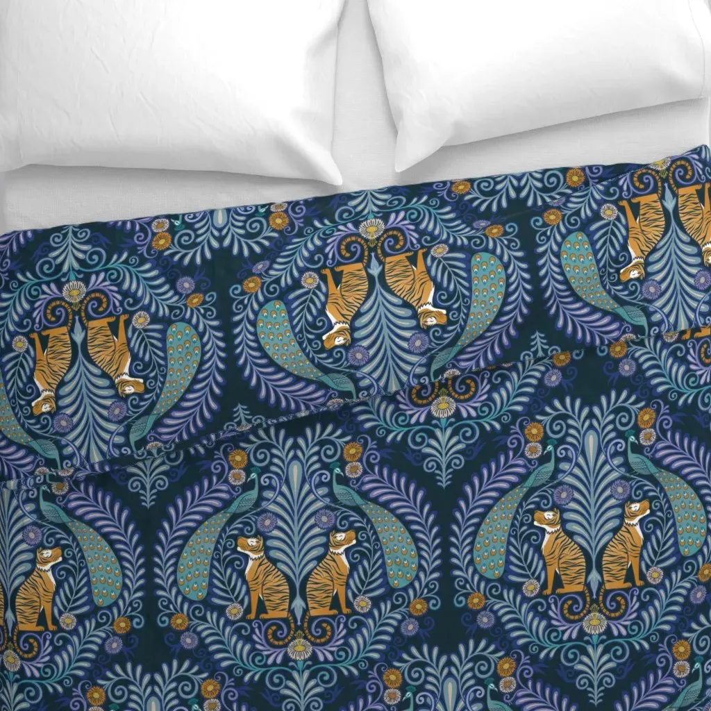 Tiger And Peacock Damask Duvet Cover - Teal alternate view