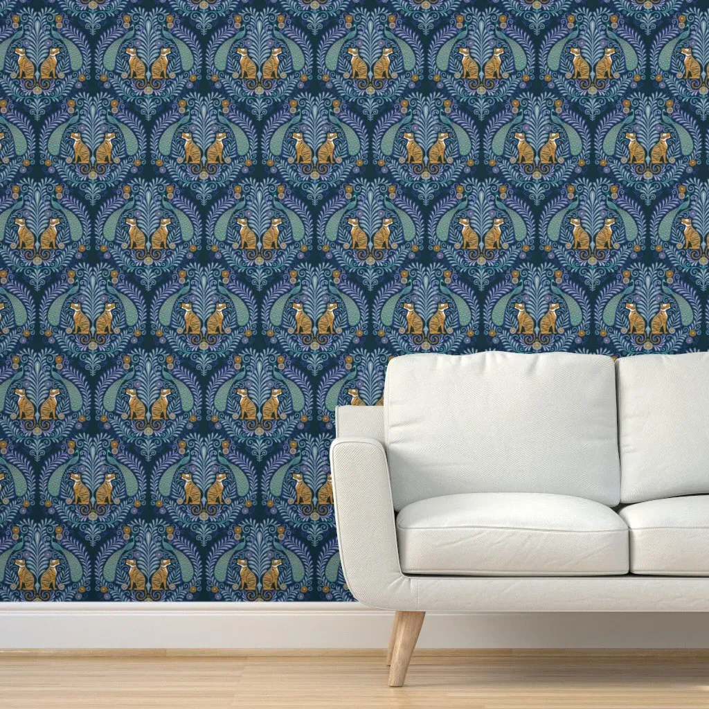 Tiger And Peacock Damask Peel and Stick Wallpaper - Teal product