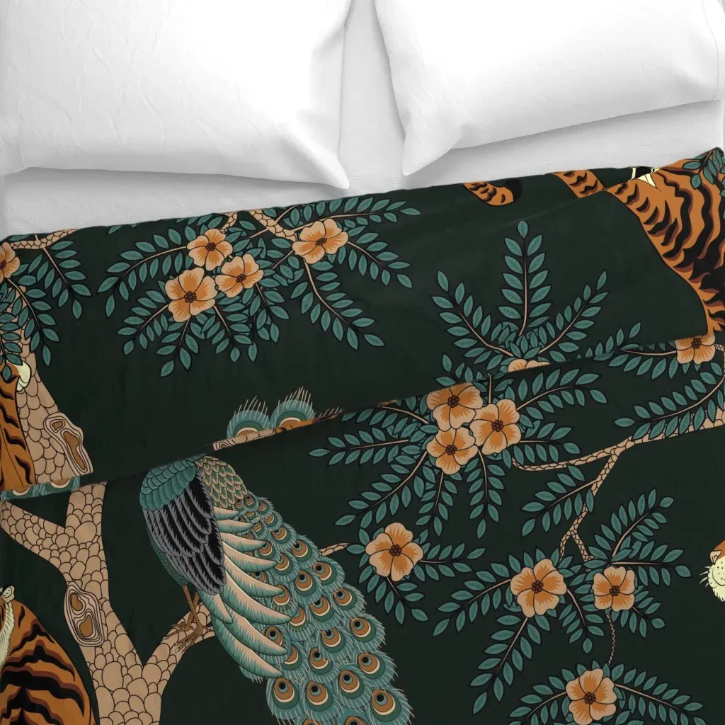 Tiger And Peacock Duvet Cover - Dark Green alternate view