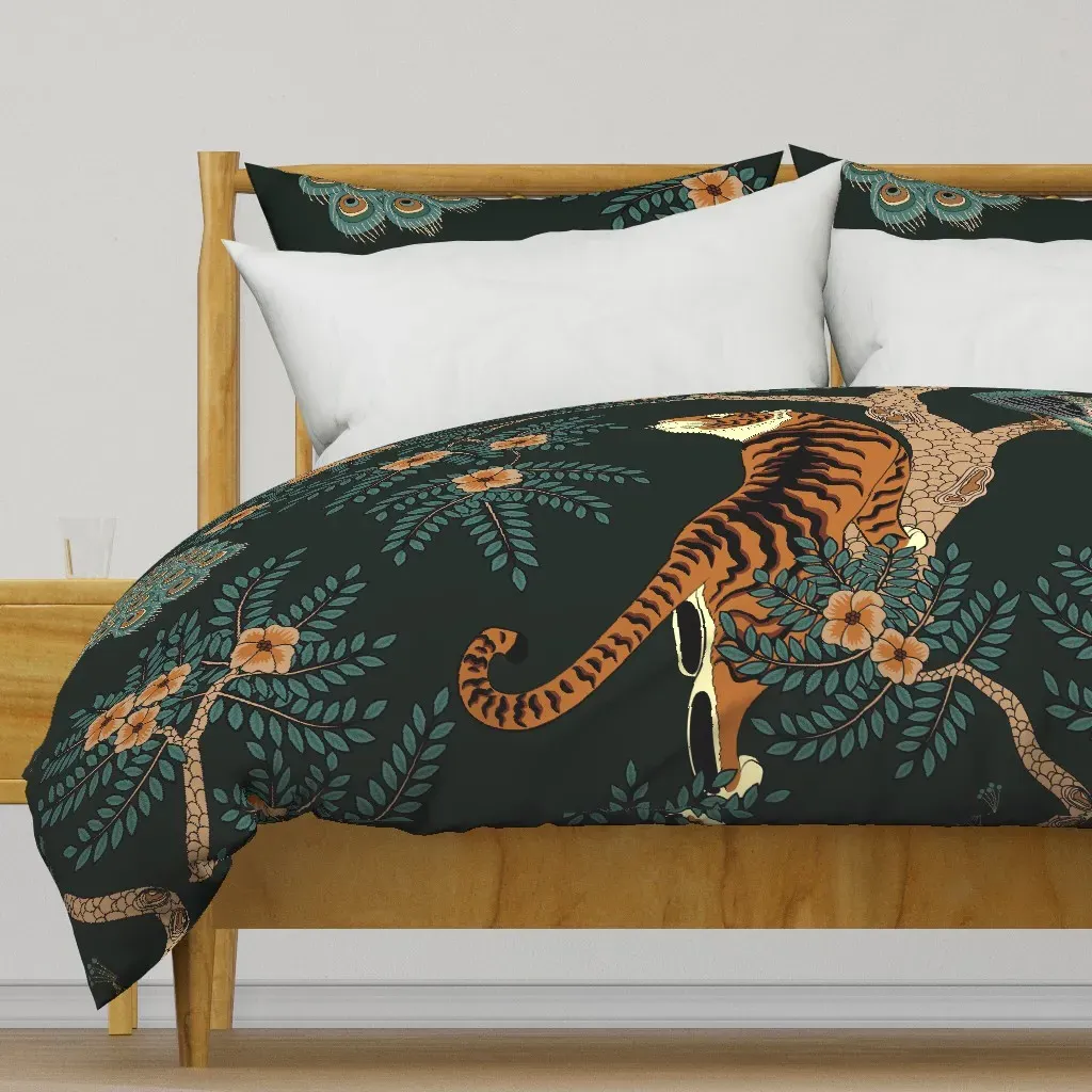 Tiger And Peacock Duvet Cover - Dark Green product