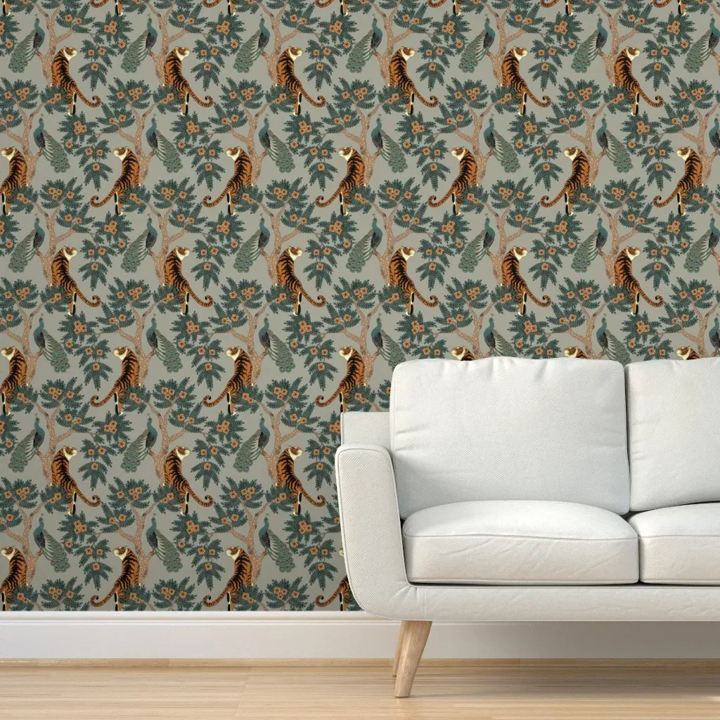 Tiger And Peacock Large Scale Peel and Stick Wallpaper - Gray product