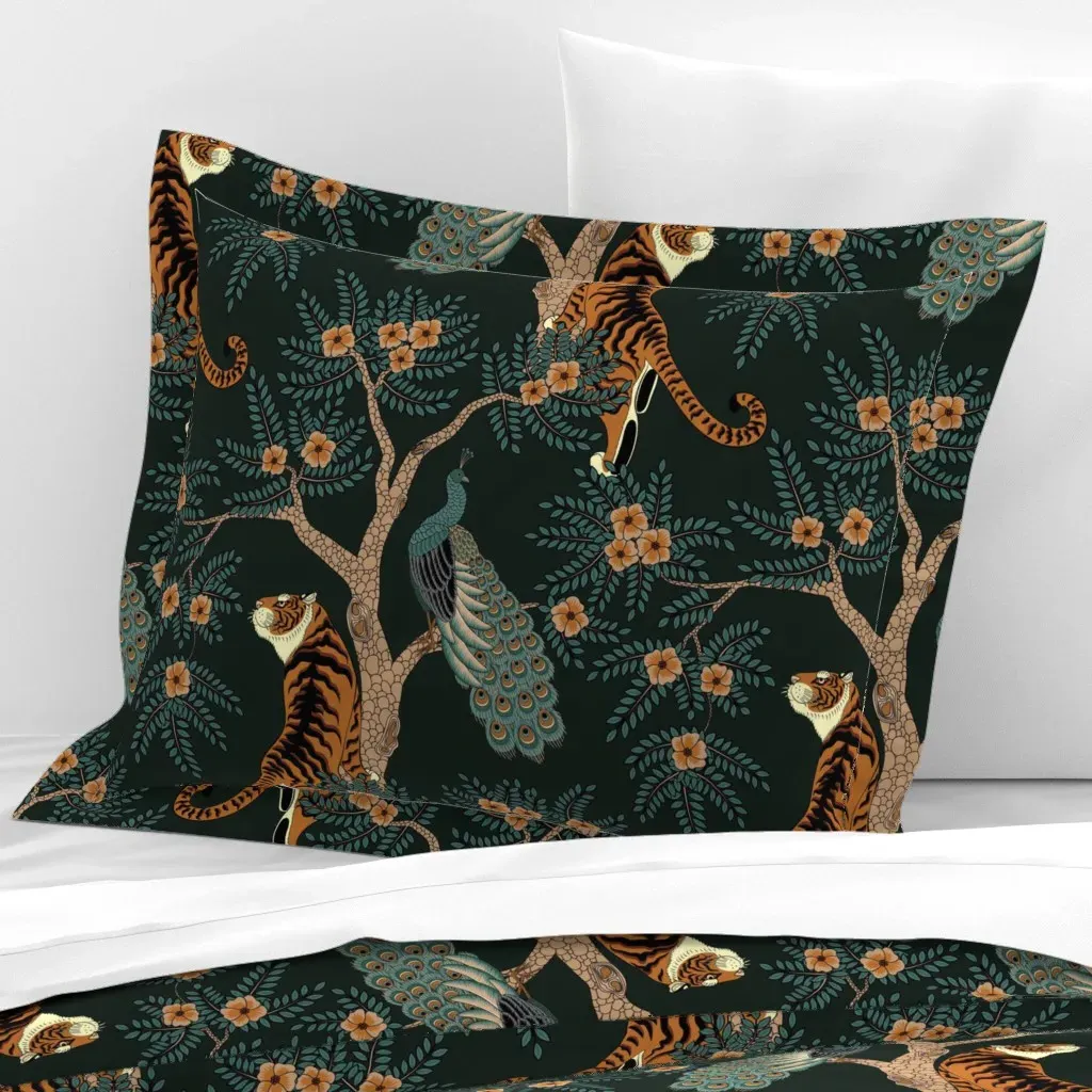 Tiger And Peacock Standard Flanged Pillow Sham - Dark Green, Cotton Sateen product
