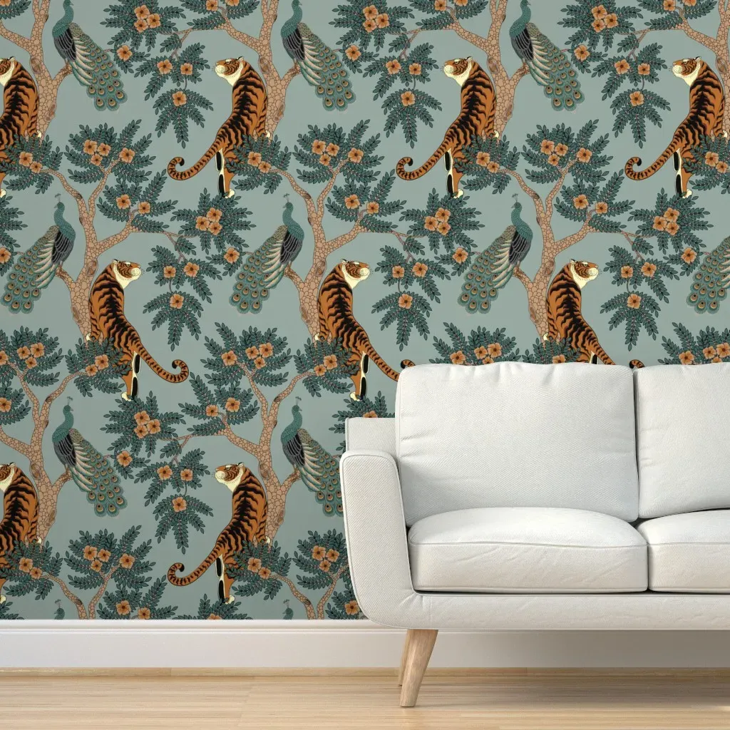 Tiger And Peacock Stone Blue Extra Large Scale Peel and Stick Wallpaper - Green, Blue, Orange product