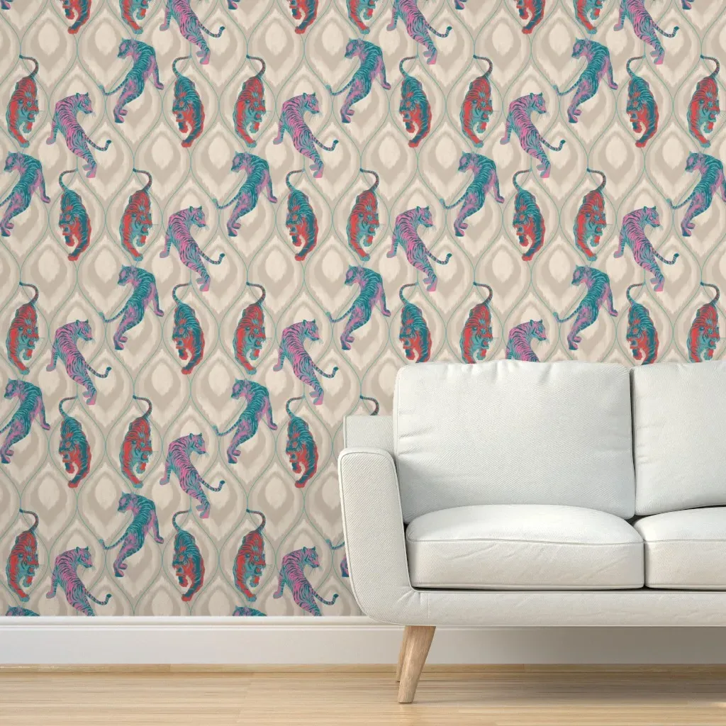 Tiger Spirit Peel and Stick Wallpaper - Beige, Turquoise & Pink product