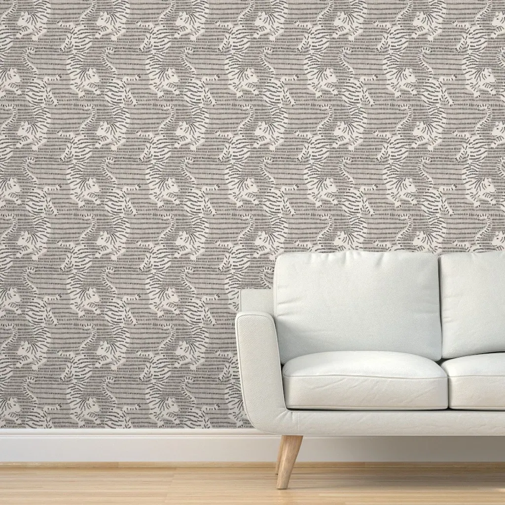 Tigers On Stripes Peel and Stick Wallpaper - Beige, Linen Texture product