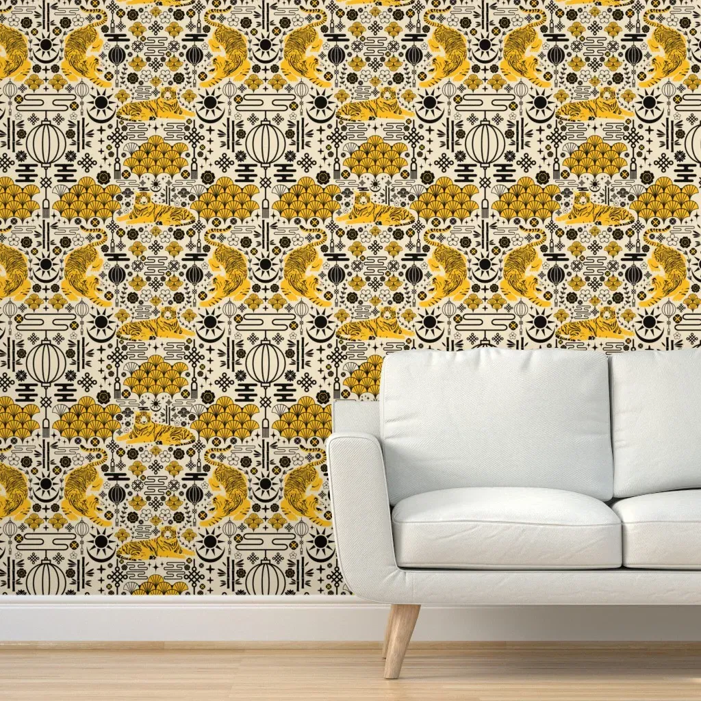 Tigers Ornamental Asian Pattern Peel and Stick Wallpaper - Yellow, Black product