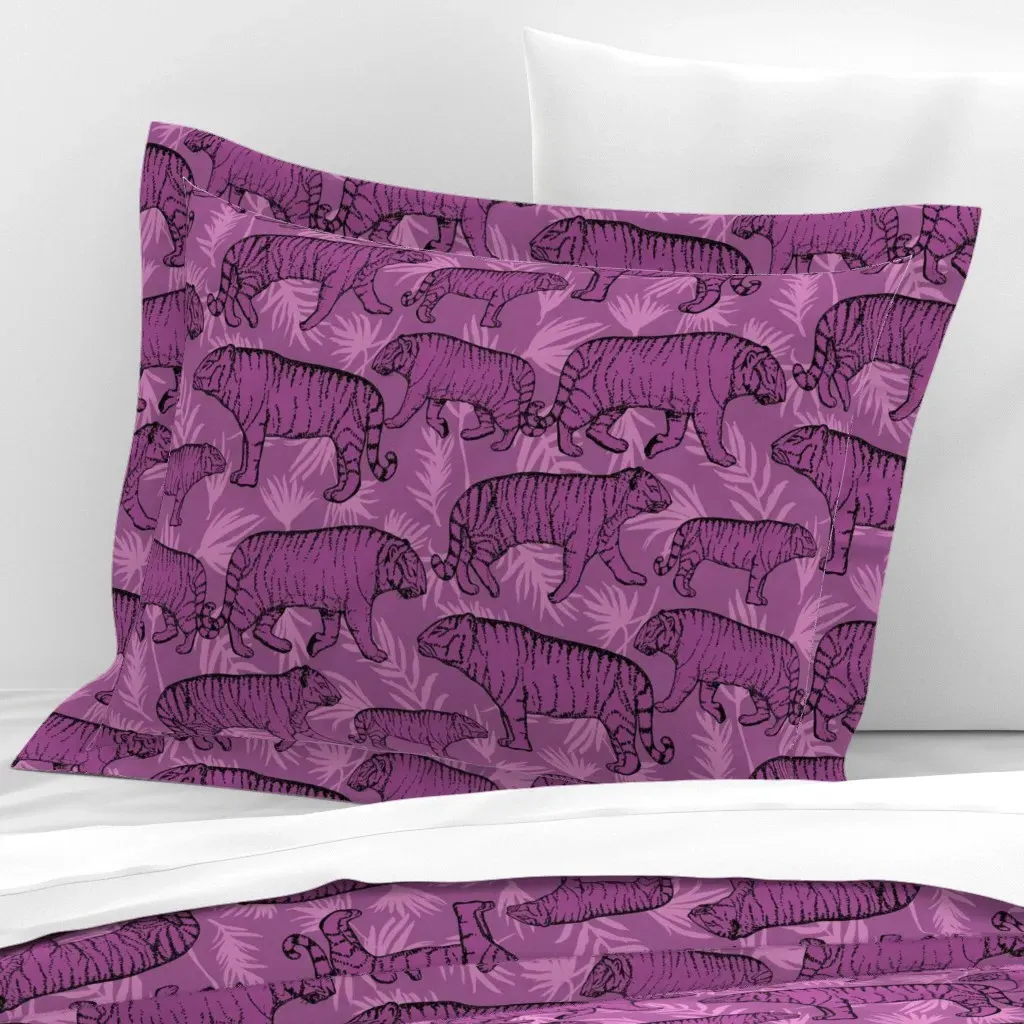 Tigers & Palm Leaves Standard Flanged Pillow Sham - Purple, Cotton Sateen product
