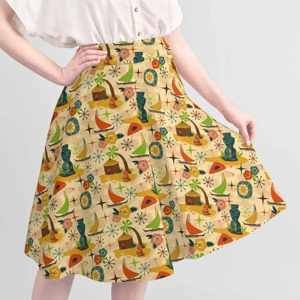 Tiki Statue Hut Island Atomic Retro Pique Fabric - Yellow, Red alternate view