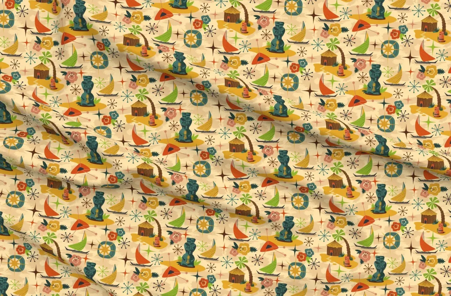 Tiki Statue Hut Island Atomic Retro Pique Fabric - Yellow, Red product