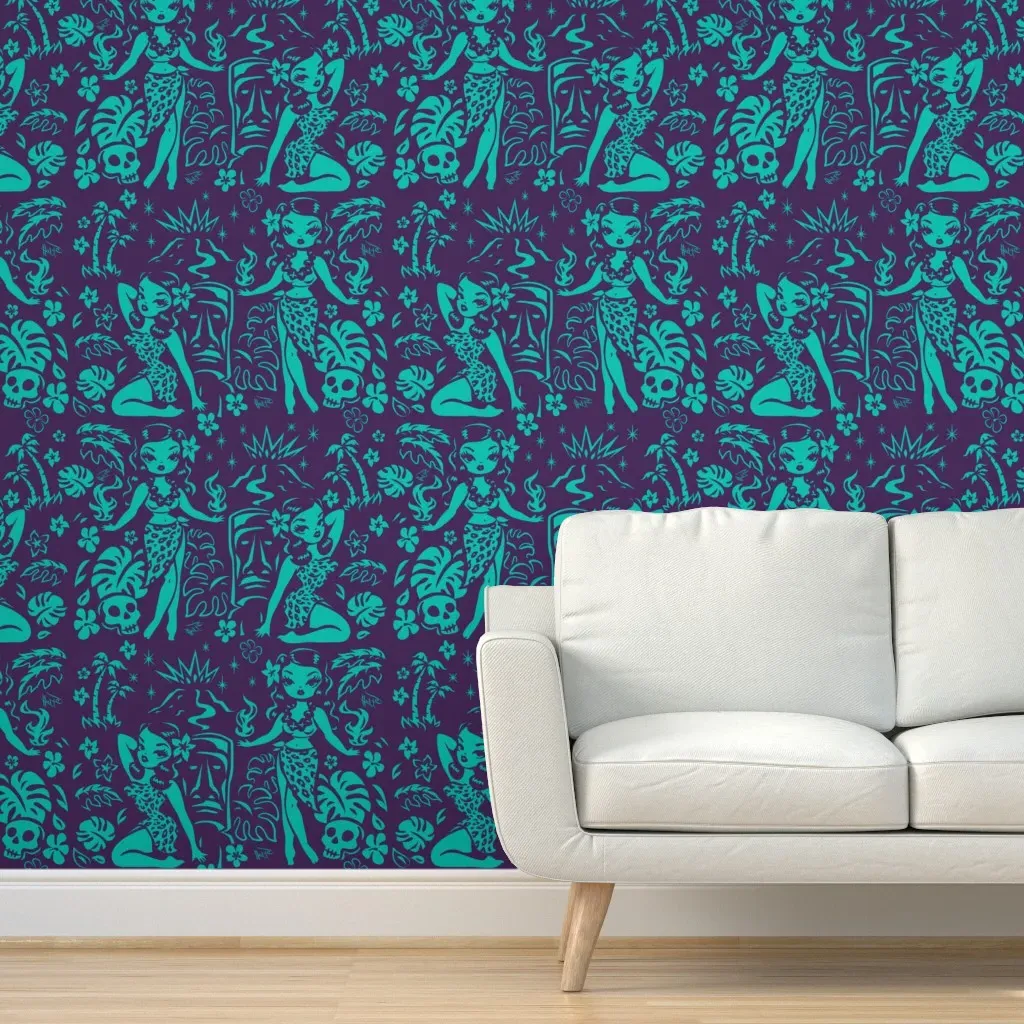 Tiki Temptress Peel and Stick Wallpaper - Teal, Purple product