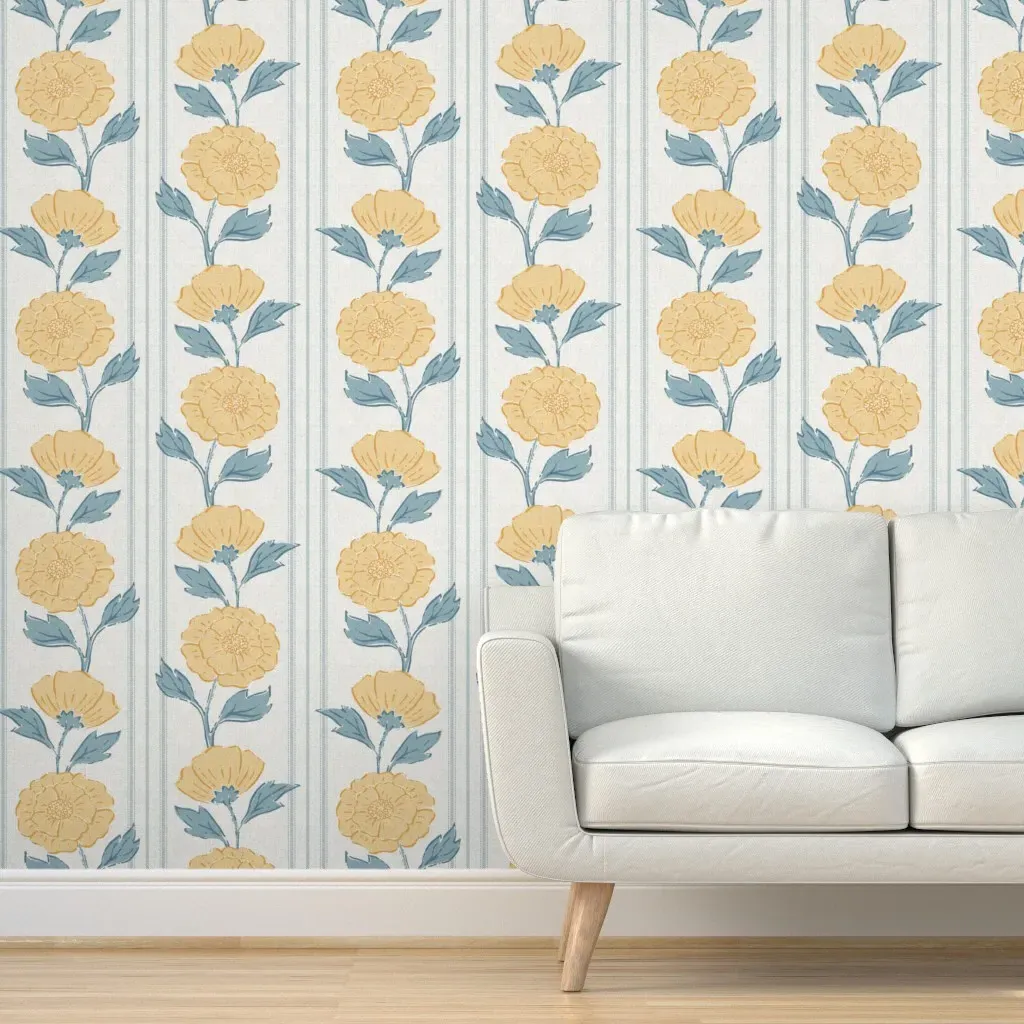 Tilly Block Print Flower & Ticking Stripe Peel and Stick Wallpaper - Yellow product