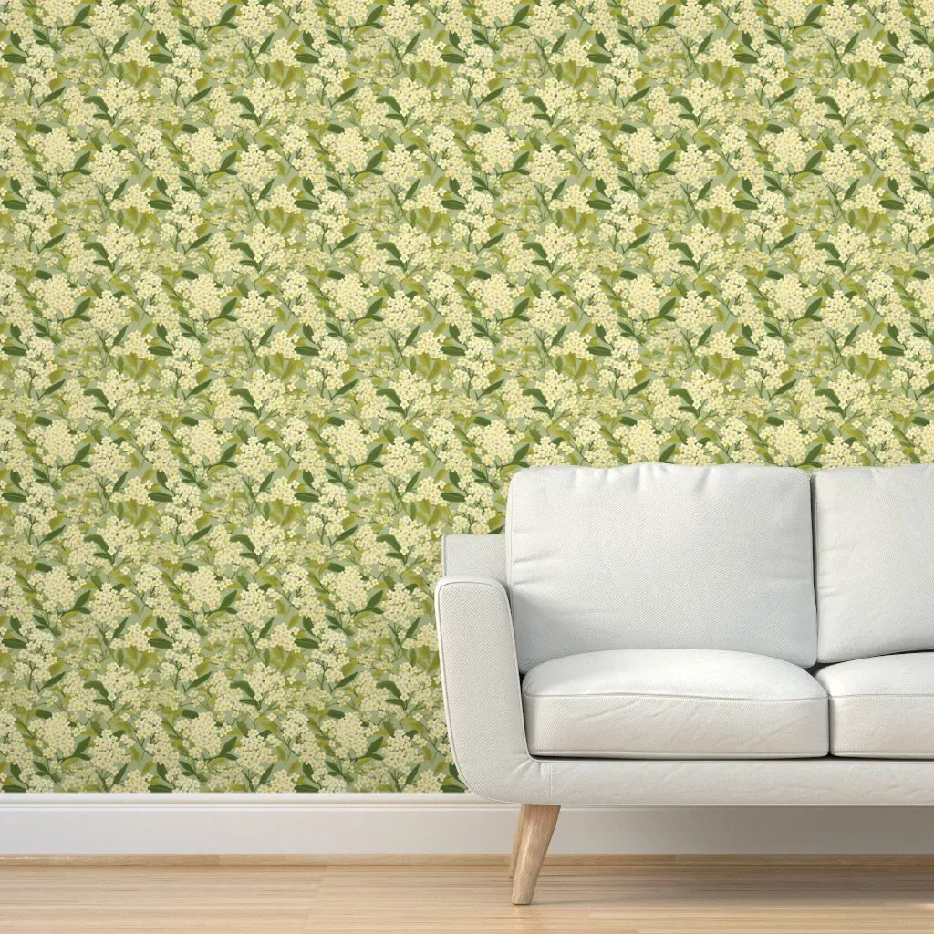 Tiny White Flowers On Green Peel and Stick Wallpaper - White, Green product