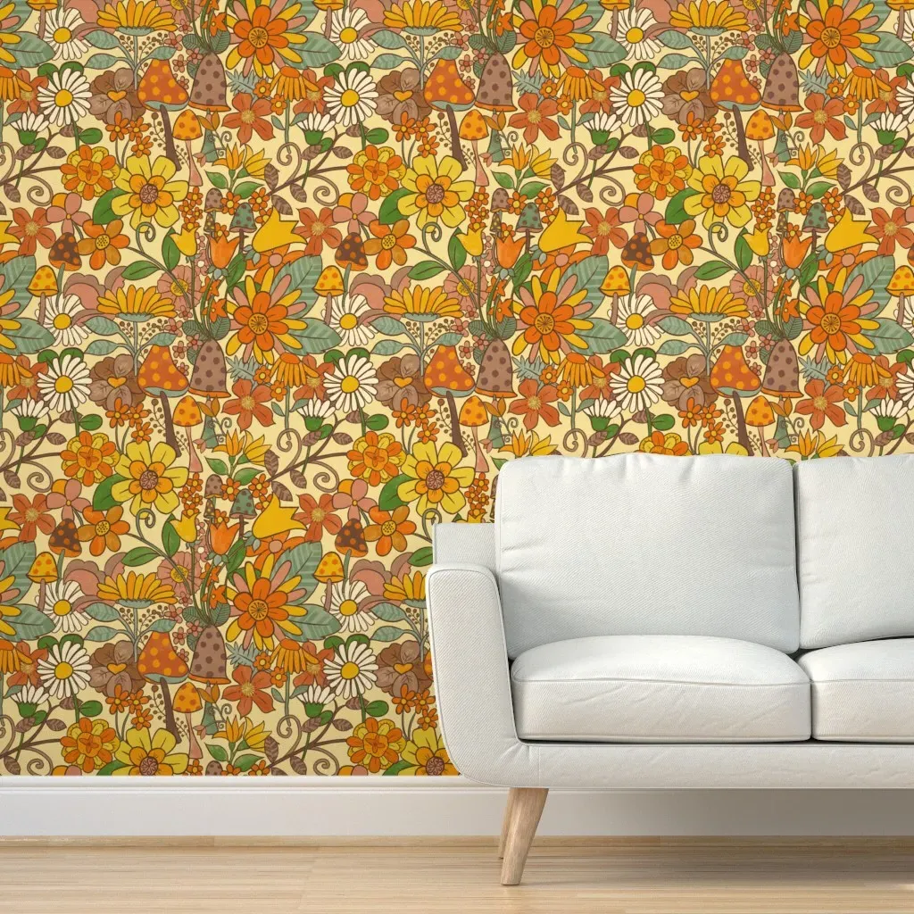 Toadstools & Flowers Retro Peel and Stick Wallpaper - Orange product