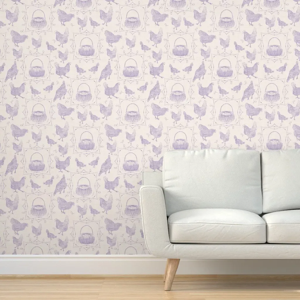 Toile Chickens And Egg Basket Peel and Stick Wallpaper - Lavender product